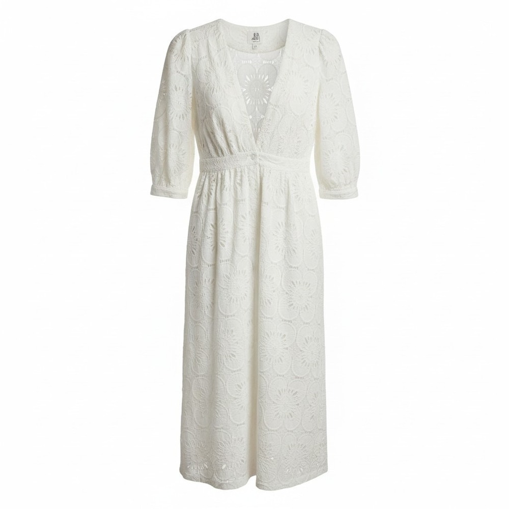 dRA Women's Sand Dollar Evelyn Midi Dress White Lace Button Front Puff Sleeve S